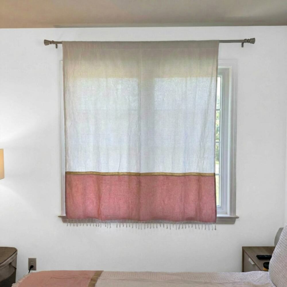 Modern Boho White Pink Cotton Fringe Curtain Panel 67x67 Colorblock Hooks Tassel